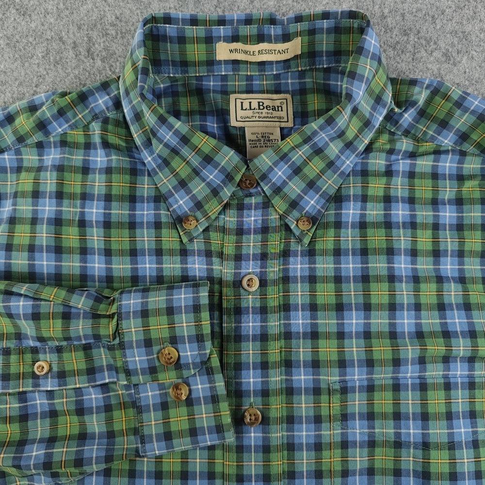 LL Bean Shirt Mens Large Green Blue Check Wrinkle Resistant Long Sleeve Button
